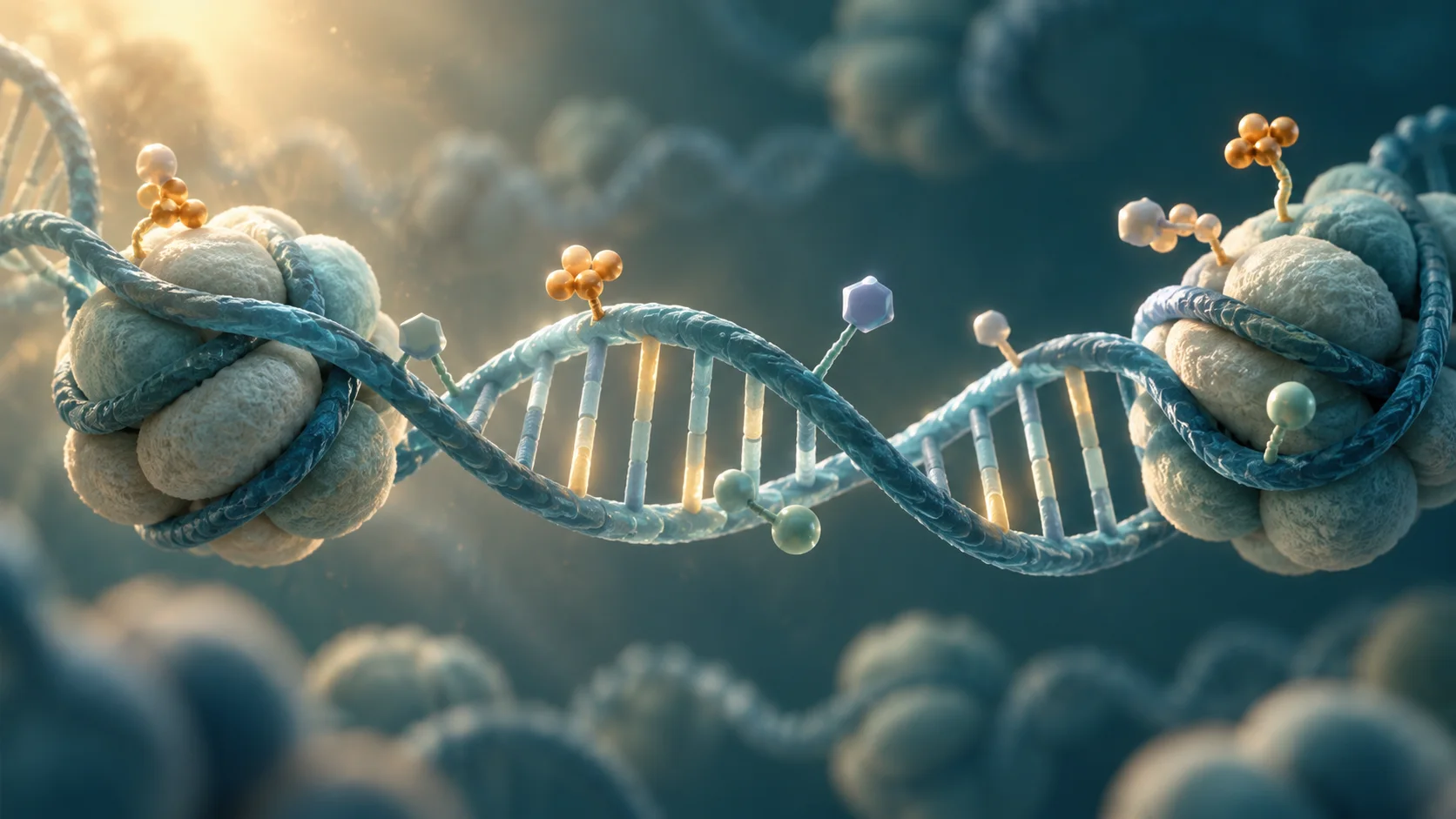 Ilustración de una doble hélice de ADN junto a proteínas histonas y pequeñas marcas moleculares que representan la regulación epigenética