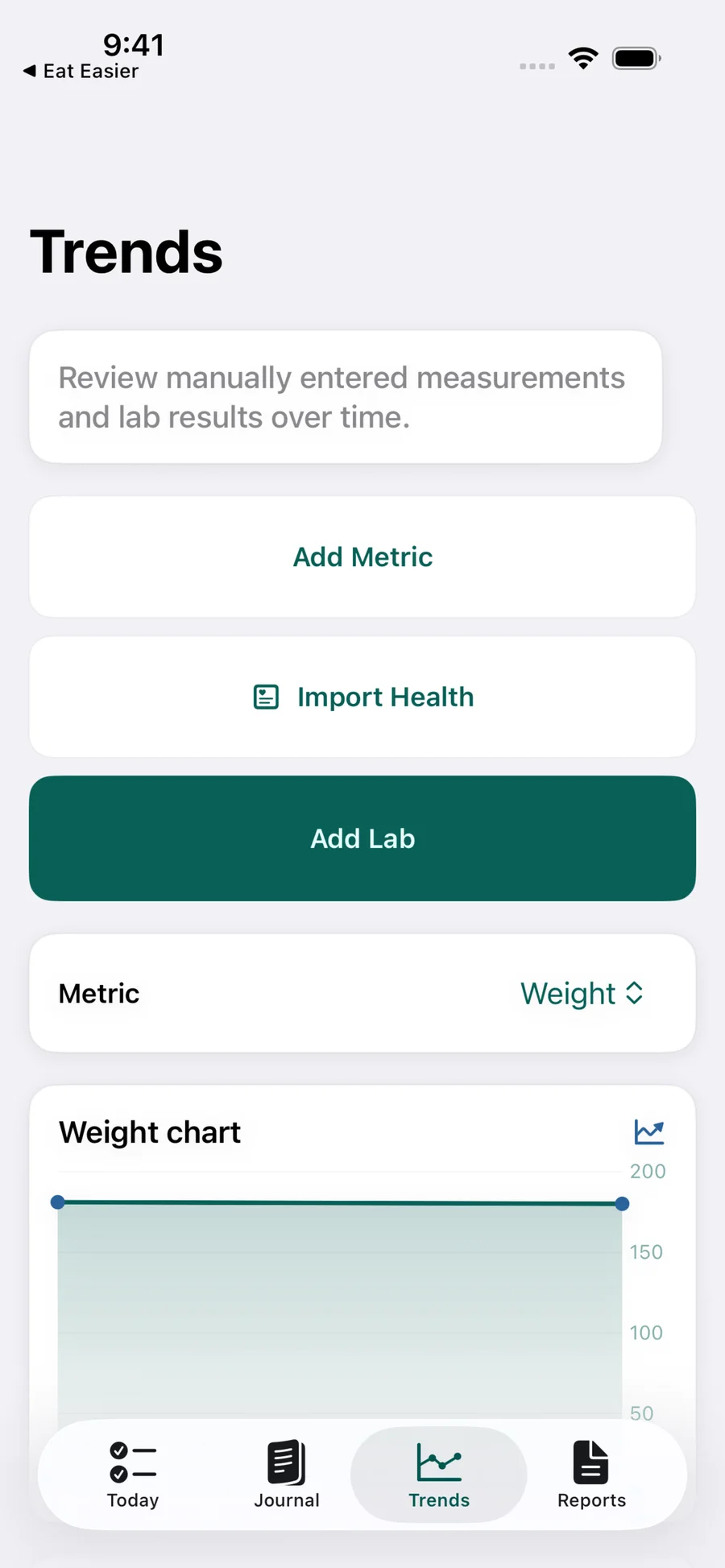 Genetiqo Vault labs and metrics screen showing recorded values and units on iPhone