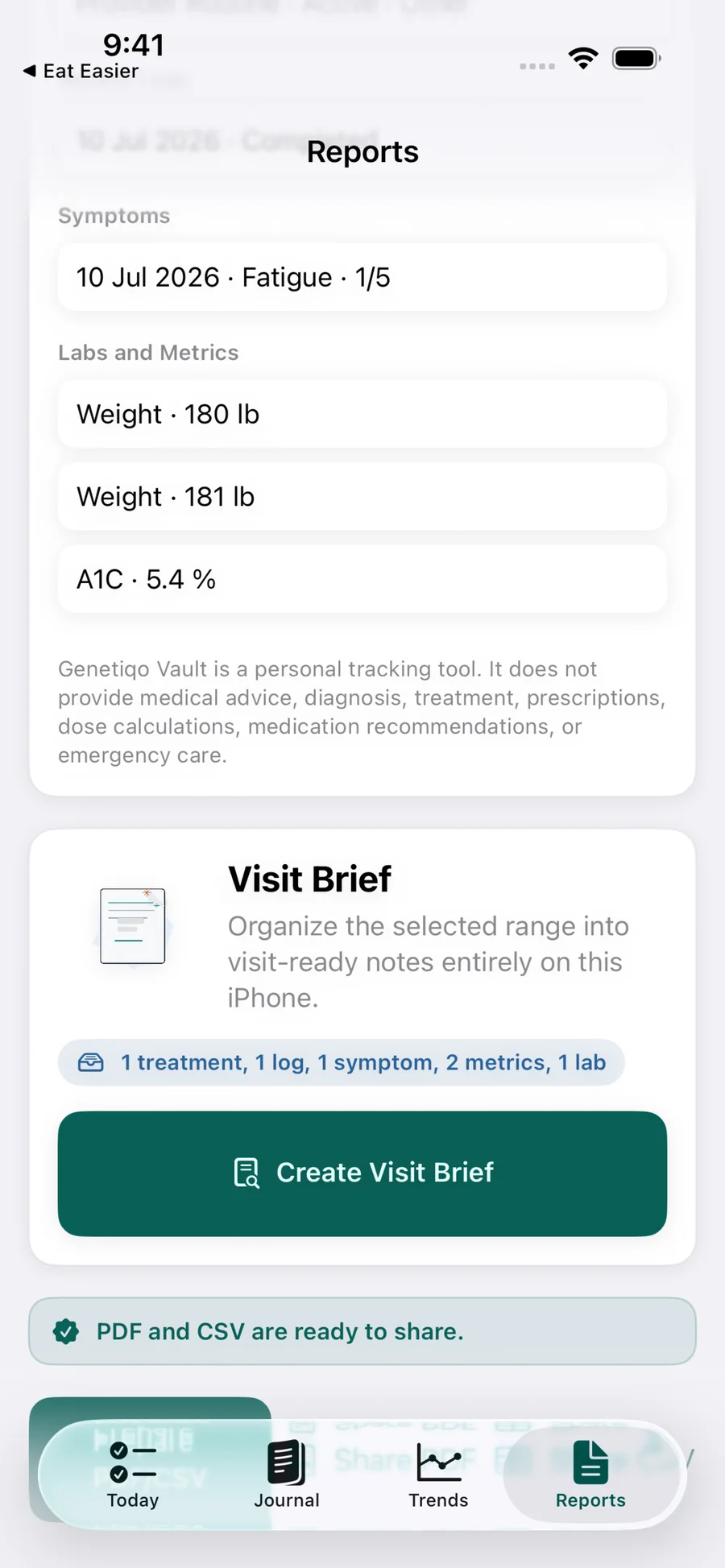 Genetiqo Vault Reports screen showing reviewed entries and PDF or CSV export controls