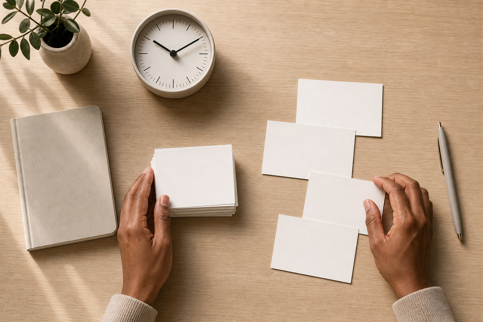 Hands organise two groups of blank symptom-note cards beside a notebook and clock, visually separating observations from questions.