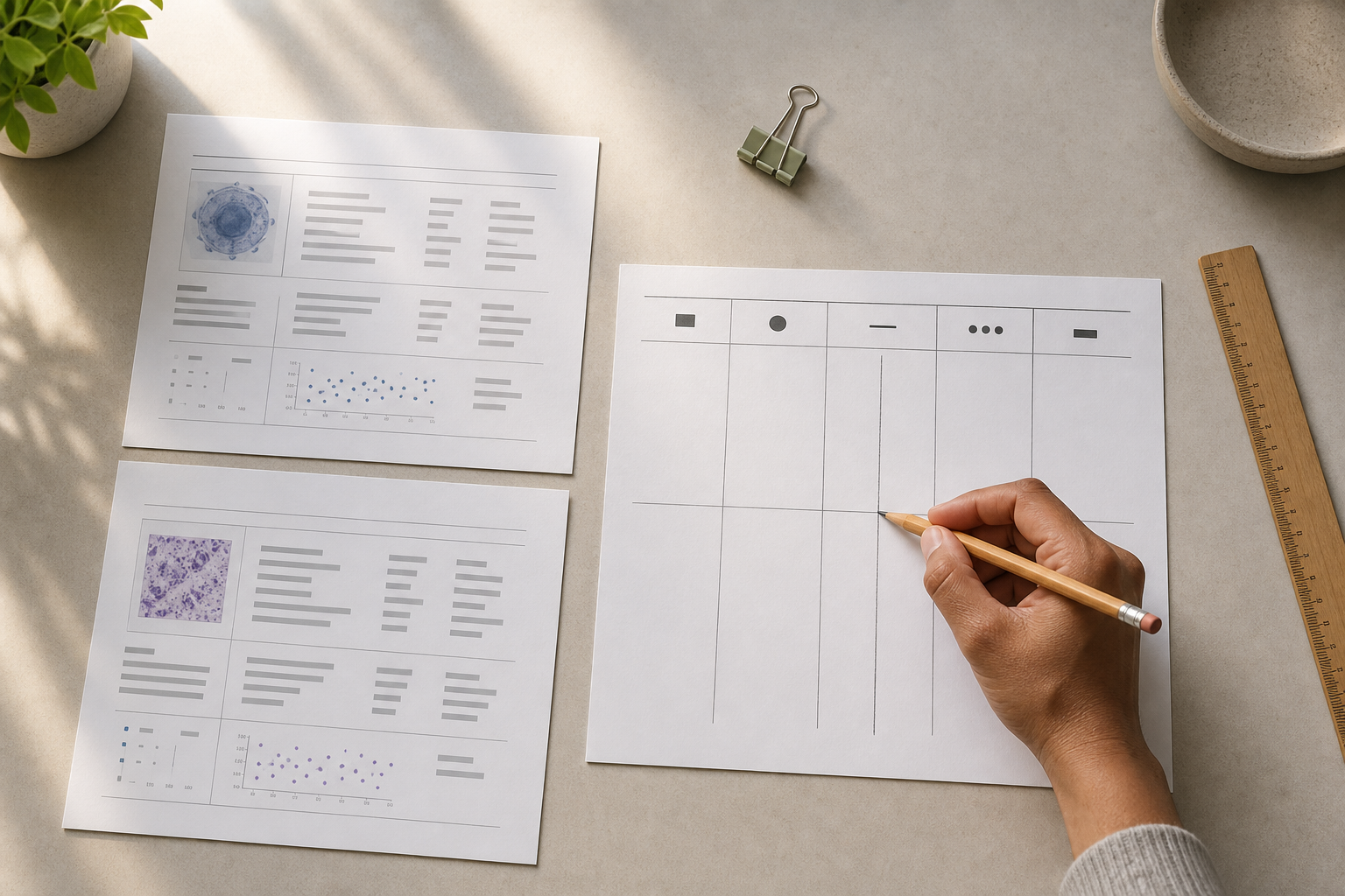Overhead view of two anonymised lab report sheets beside a blank worksheet that keeps labels, values, units and dates separate.
