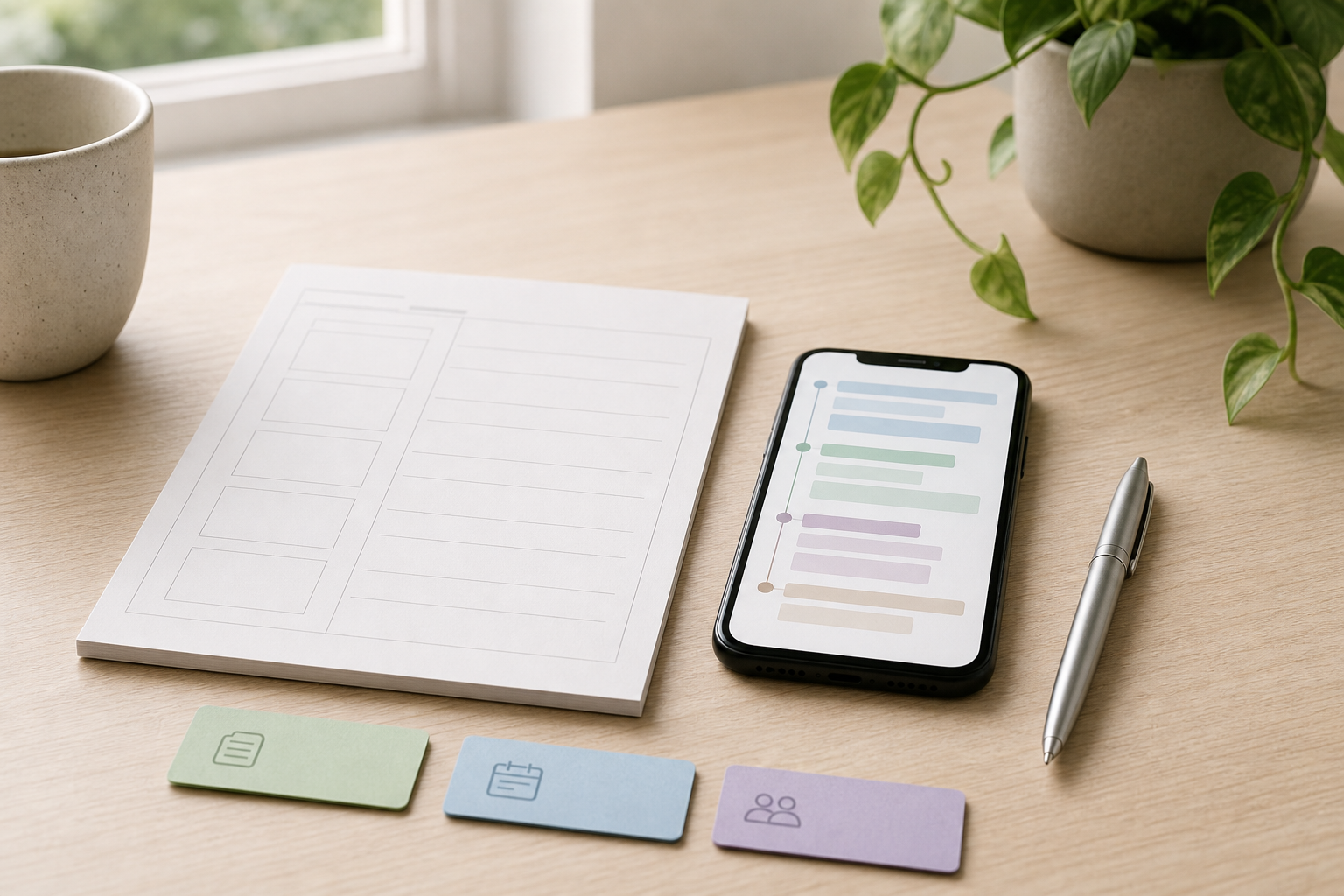 Blank appointment worksheet and unbranded smartphone beside colour-coded tabs on a tidy desk, illustrating a private health-record app comparison.