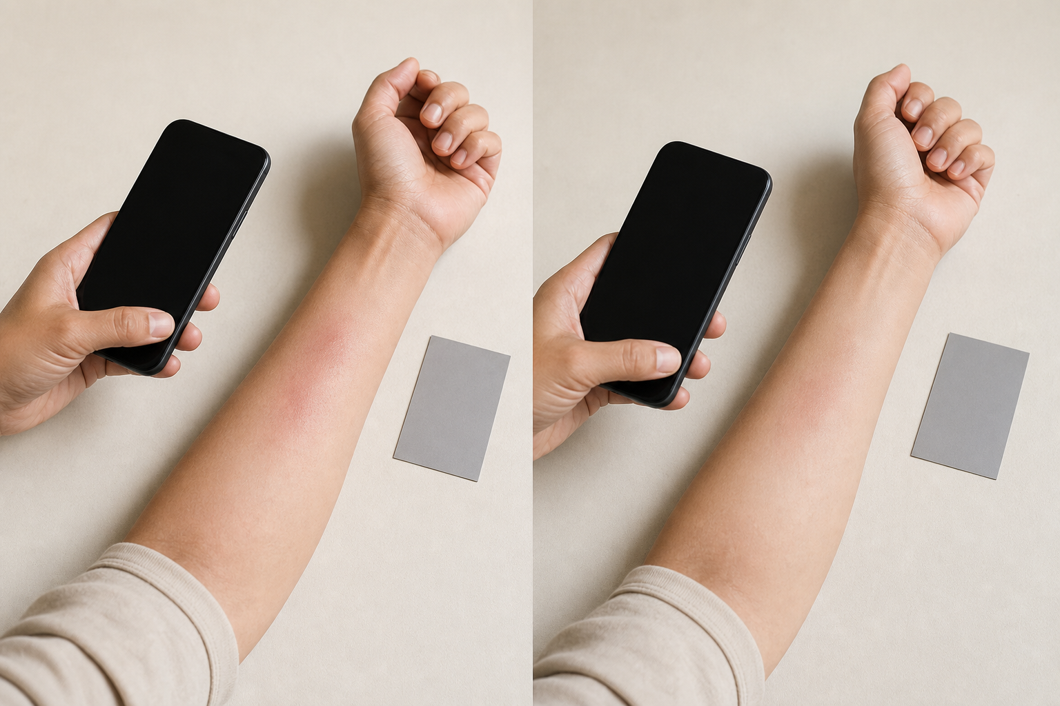 Two matched photo setups of an anonymous forearm with a phone, neutral background and reference card arranged consistently.